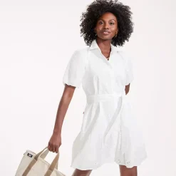 Women's Elbow Sleeve Eyelet Knee Length Shirt Dress