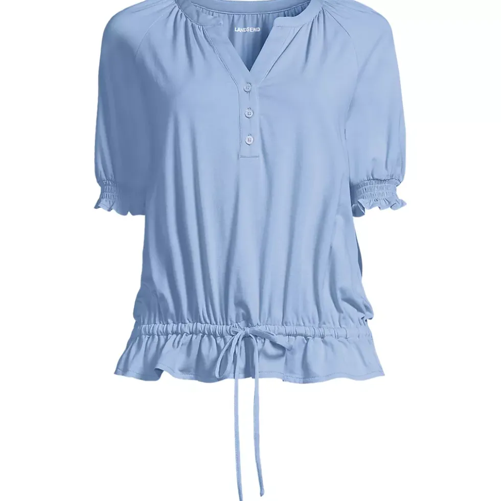 Women's Elbow Sleeve Lightweight Jersey Gathered Adjustable Hem Blouse