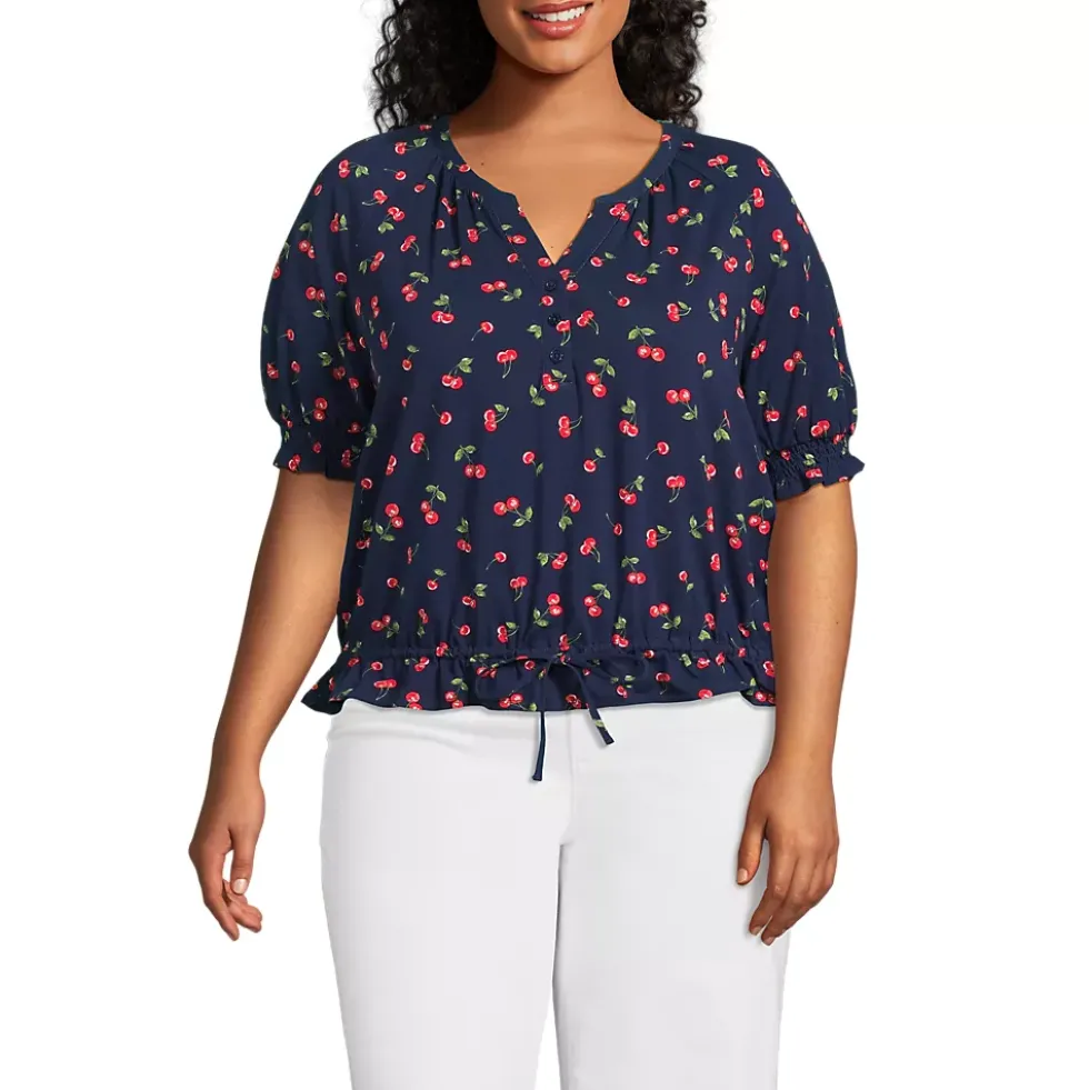 Women's Elbow Sleeve Lightweight Jersey Gathered Adjustable Hem Blouse