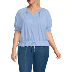 Women's Elbow Sleeve Lightweight Jersey Gathered Adjustable Hem Blouse