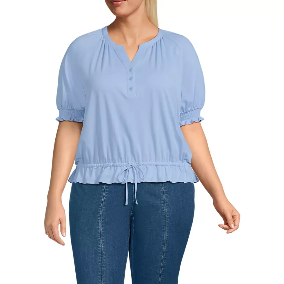 Women's Elbow Sleeve Lightweight Jersey Gathered Adjustable Hem Blouse