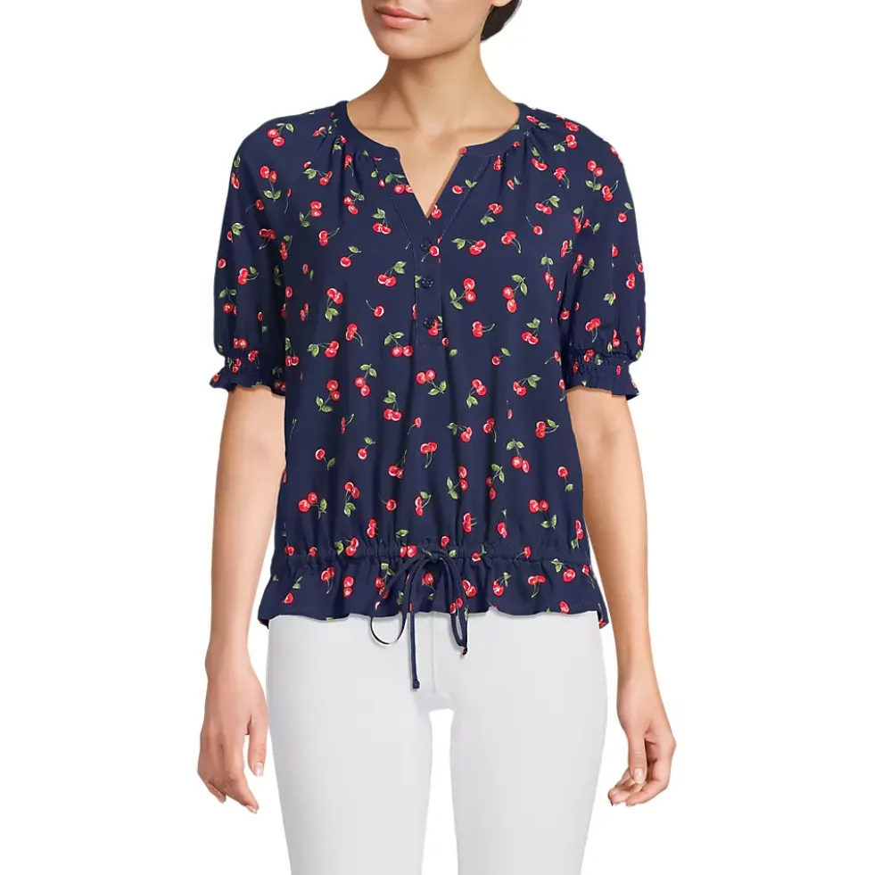 Women's Elbow Sleeve Lightweight Jersey Gathered Adjustable Hem Blouse