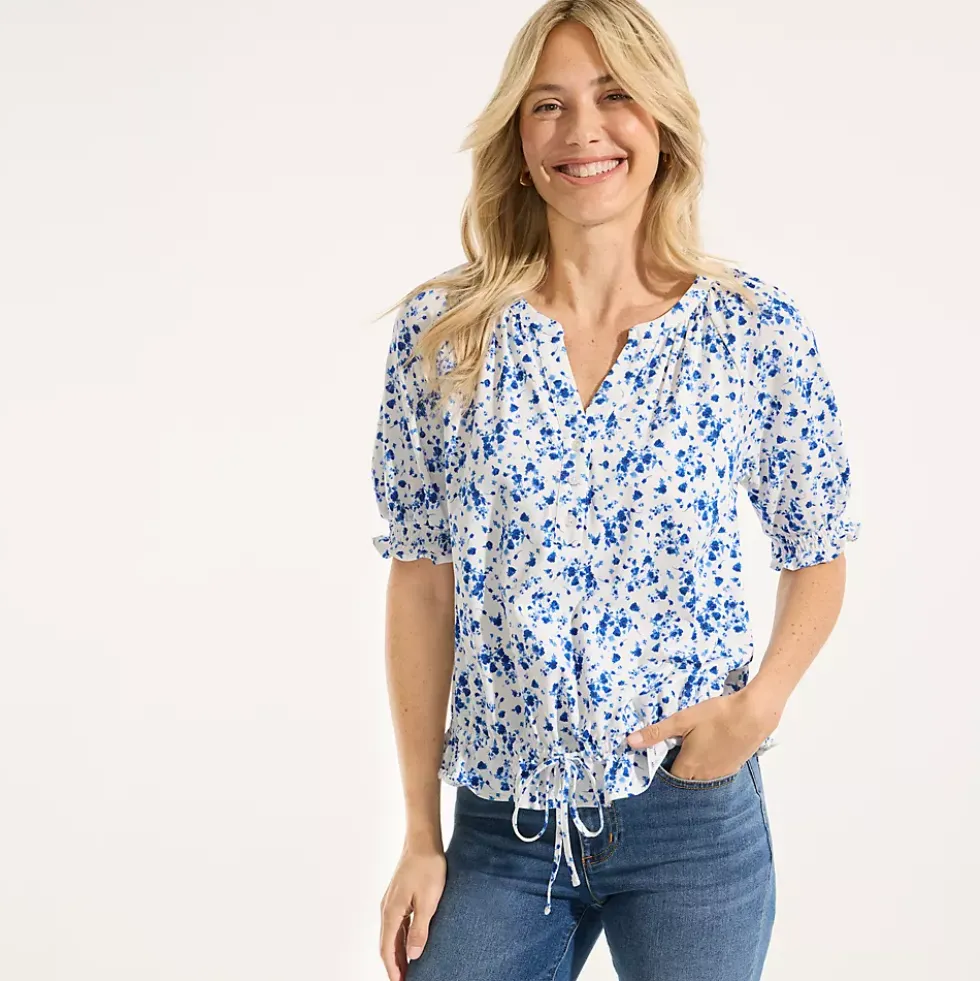 Women's Elbow Sleeve Lightweight Jersey Gathered Adjustable Hem Blouse
