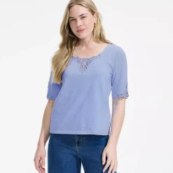 Women's Elbow Sleeve Slub Lace Trim T-Shirt