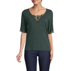 Women's Elbow Sleeve Slub Lace Trim T-Shirt