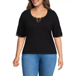 Women's Elbow Sleeve Slub Lace Trim T-Shirt