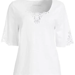 Women's Elbow Sleeve Slub Lace Trim T-Shirt