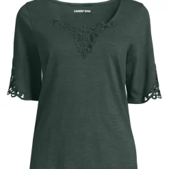 Women's Elbow Sleeve Slub Lace Trim T-Shirt