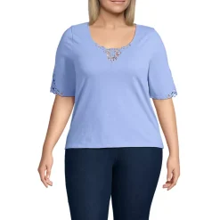 Women's Elbow Sleeve Slub Lace Trim T-Shirt