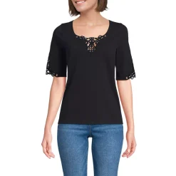 Women's Elbow Sleeve Slub Lace Trim T-Shirt