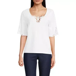 Women's Elbow Sleeve Slub Lace Trim T-Shirt