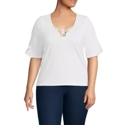 Women's Elbow Sleeve Slub Lace Trim T-Shirt