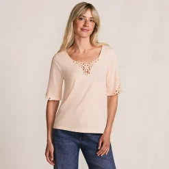 Women's Elbow Sleeve Slub Lace Trim T-Shirt
