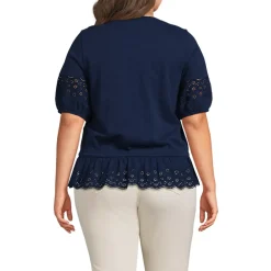 Women's Elbow Sleeve Slub Lace Trim Adjustable Hem Top