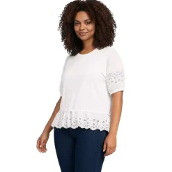 Women's Elbow Sleeve Slub Lace Trim Adjustable Hem Top