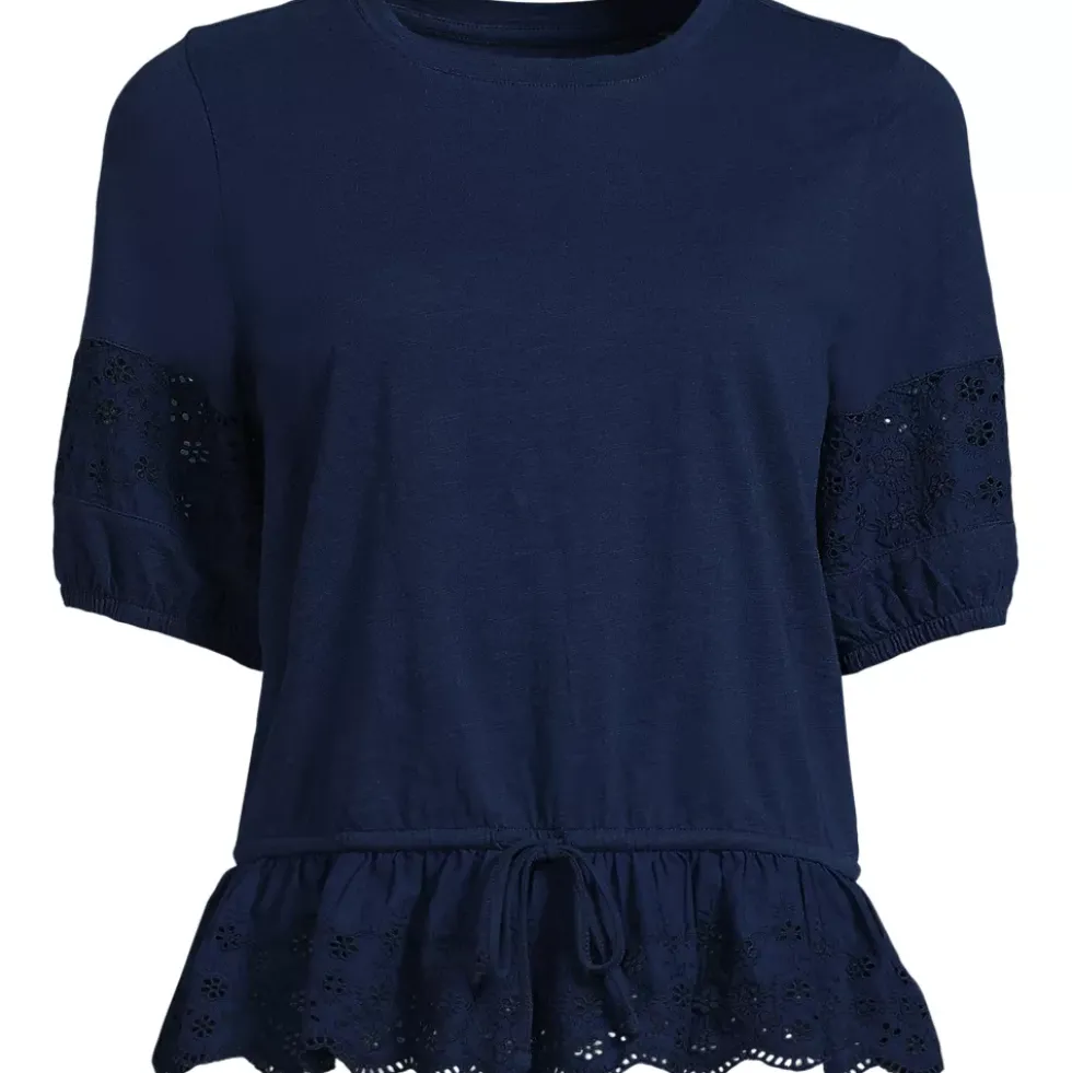 Women's Elbow Sleeve Slub Lace Trim Adjustable Hem Top