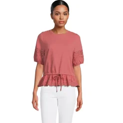Women's Elbow Sleeve Slub Lace Trim Adjustable Hem Top
