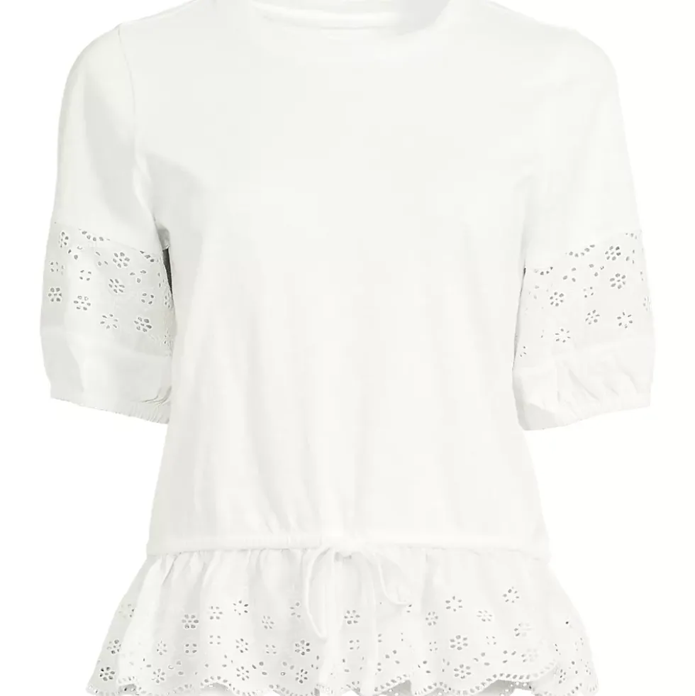 Women's Elbow Sleeve Slub Lace Trim Adjustable Hem Top