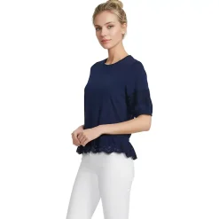 Women's Elbow Sleeve Slub Lace Trim Adjustable Hem Top