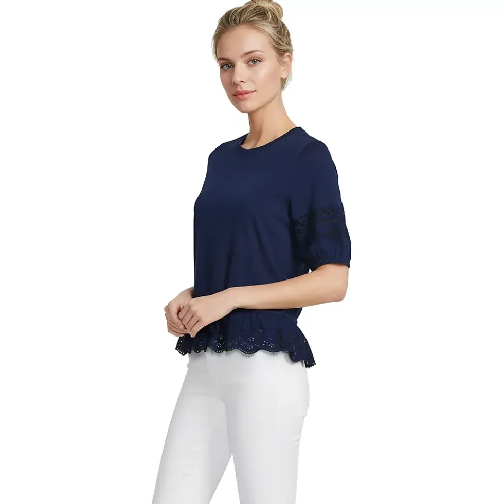 Women's Elbow Sleeve Slub Lace Trim Adjustable Hem Top