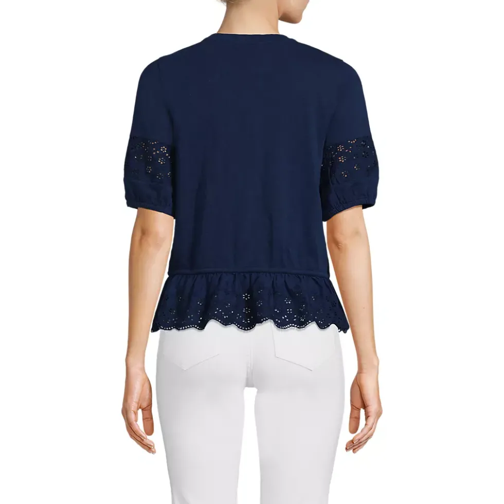 Women's Elbow Sleeve Slub Lace Trim Adjustable Hem Top