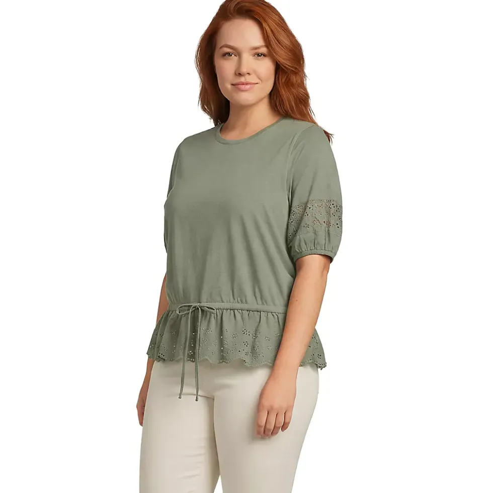 Women's Elbow Sleeve Slub Lace Trim Adjustable Hem Top