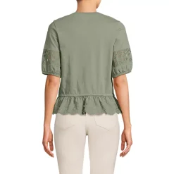 Women's Elbow Sleeve Slub Lace Trim Adjustable Hem Top