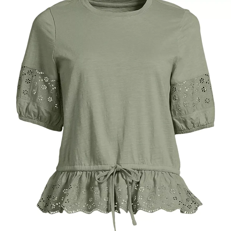 Women's Elbow Sleeve Slub Lace Trim Adjustable Hem Top