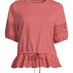 Women's Elbow Sleeve Slub Lace Trim Adjustable Hem Top
