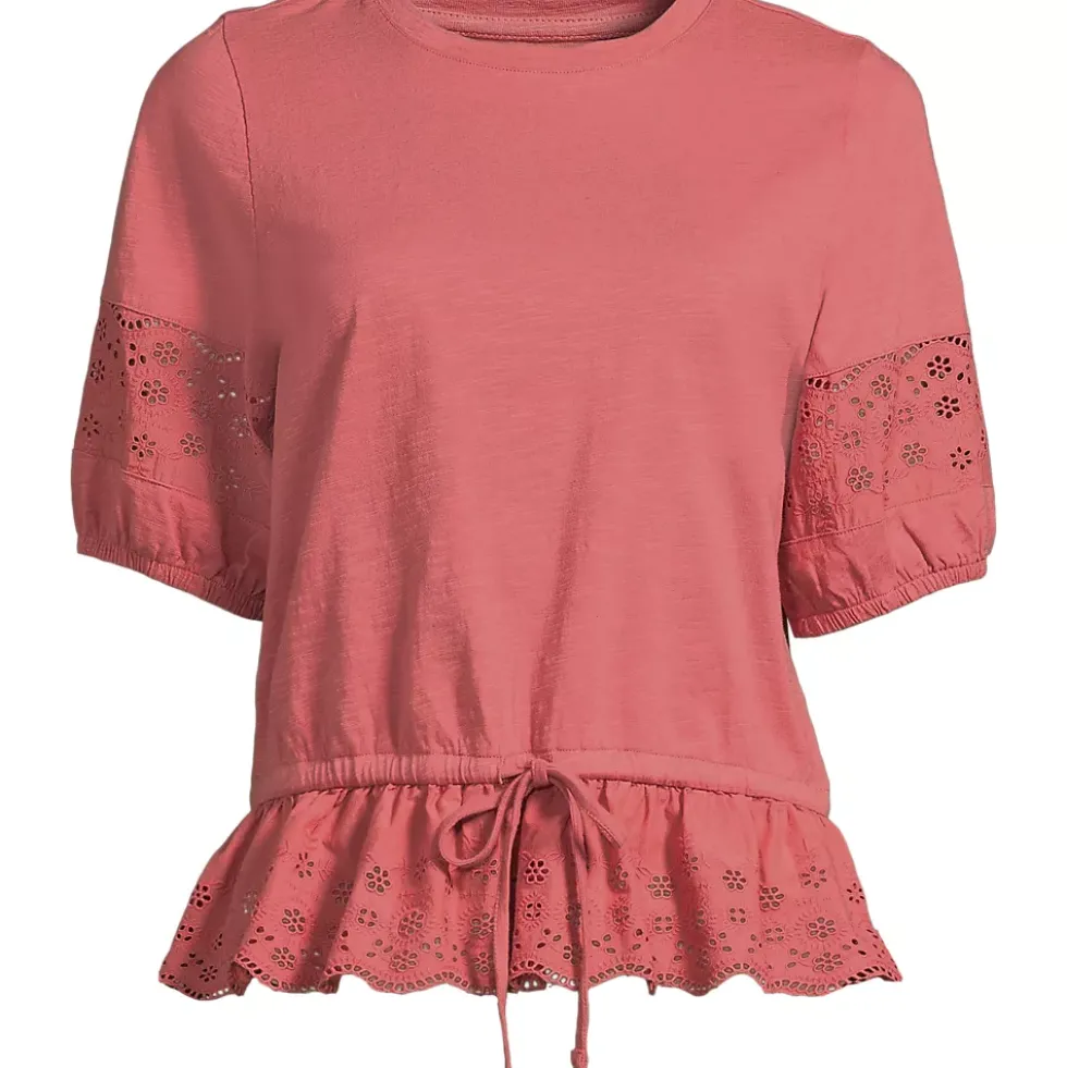 Women's Elbow Sleeve Slub Lace Trim Adjustable Hem Top