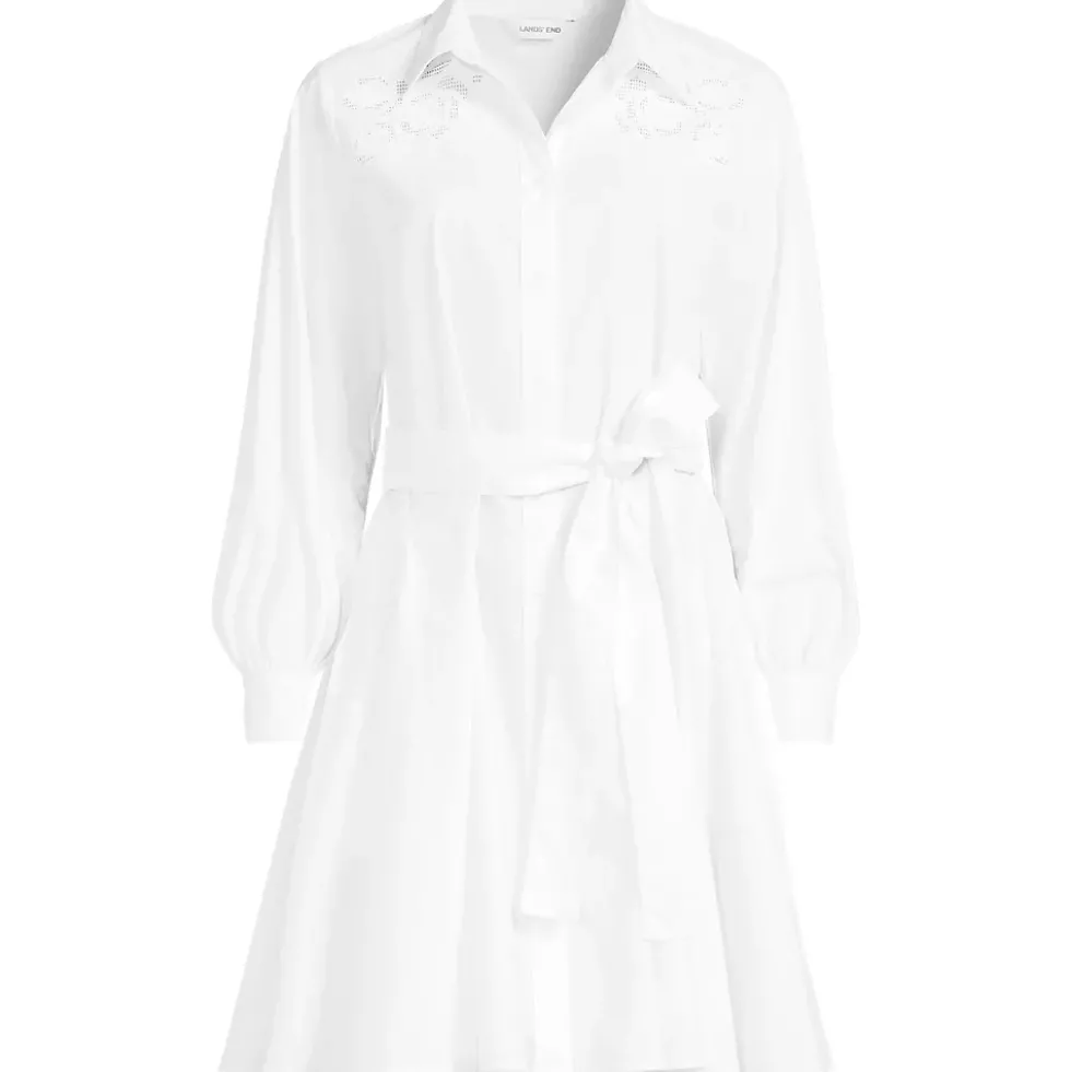 Women's Embroidered Poplin Button Front Dress with Godets
