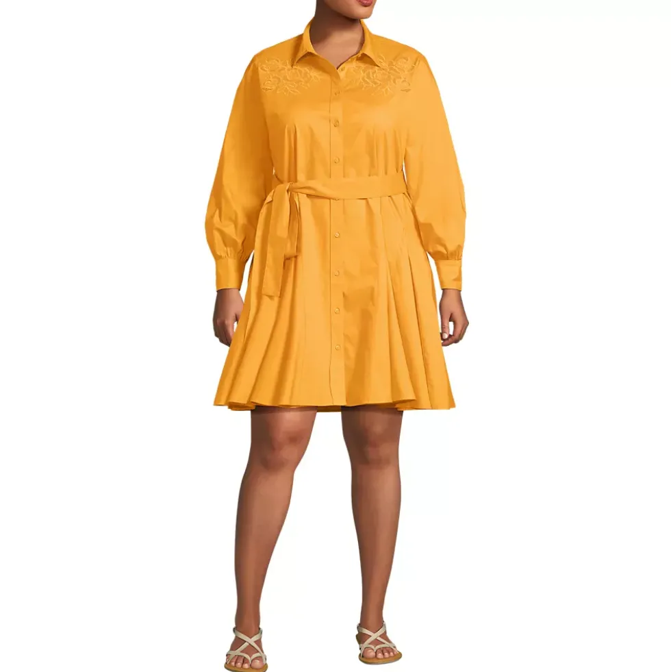 Women's Embroidered Poplin Button Front Dress with Godets