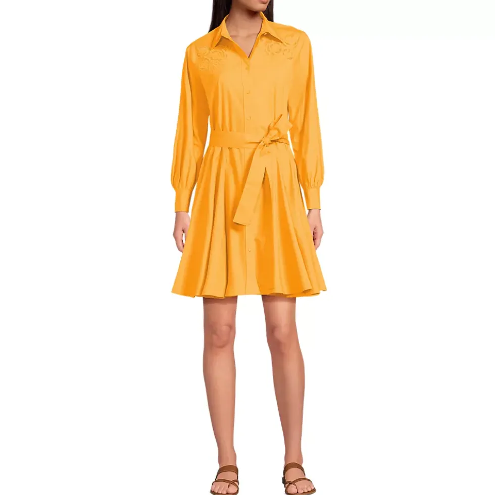 Women's Embroidered Poplin Button Front Dress with Godets