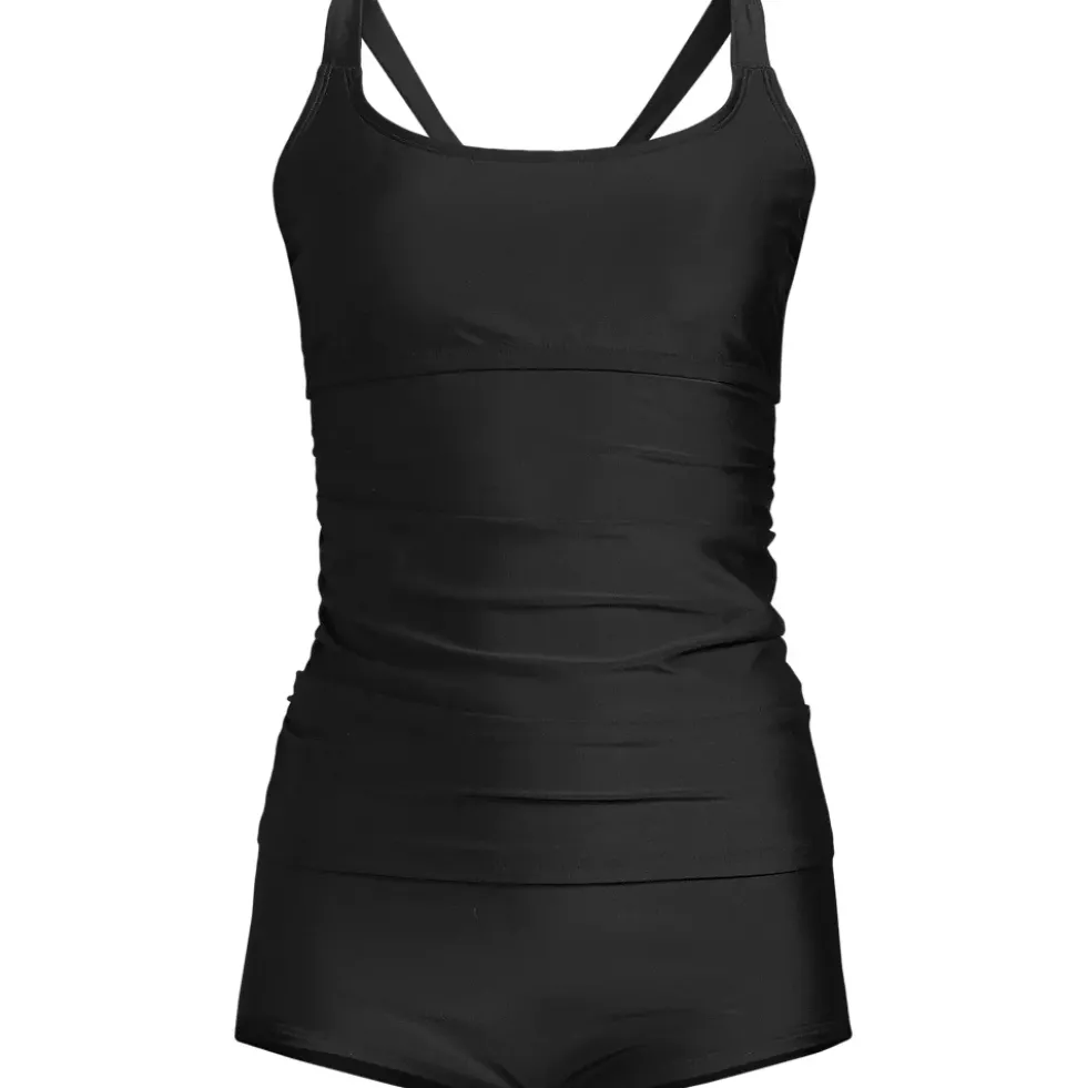 Women's Essential Tie Back Ruched Tankini and Shorts Two Piece Set