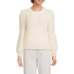 Women's Eyelash Fuzzy Pointelle Puff Sleeve Sweater