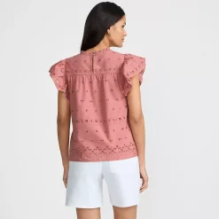 Women's Eyelet Ruffle Sleeve Popover Top