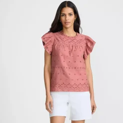 Women's Eyelet Ruffle Sleeve Popover Top