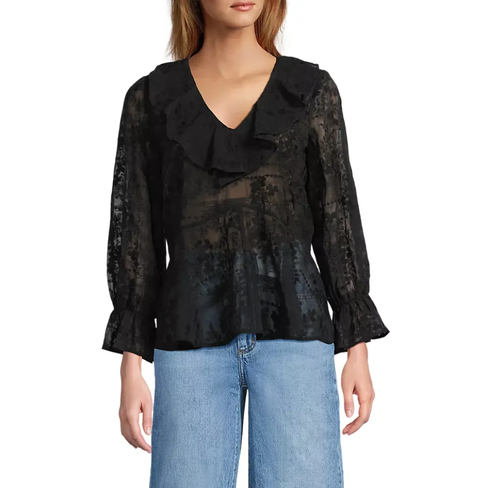 Women's Feminine Ruffle Chiffon V Neck Blouse