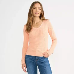 Women's Fine Gauge Cotton Baby Cable Vneck Sweater