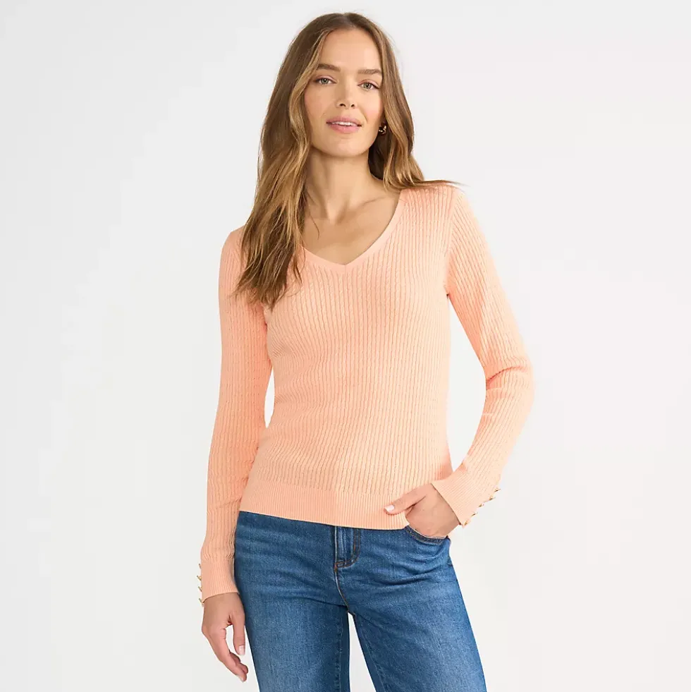 Women's Fine Gauge Cotton Baby Cable Vneck Sweater