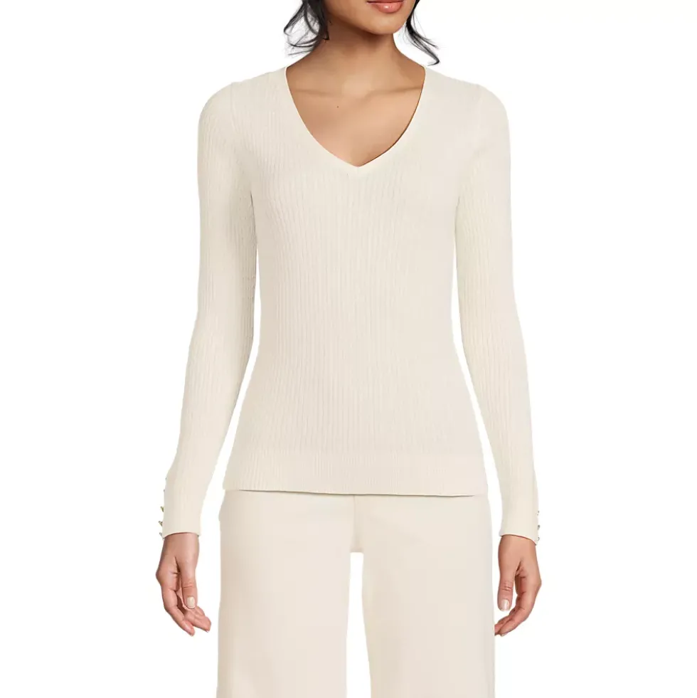 Women's Fine Gauge Cotton Baby Cable Vneck Sweater
