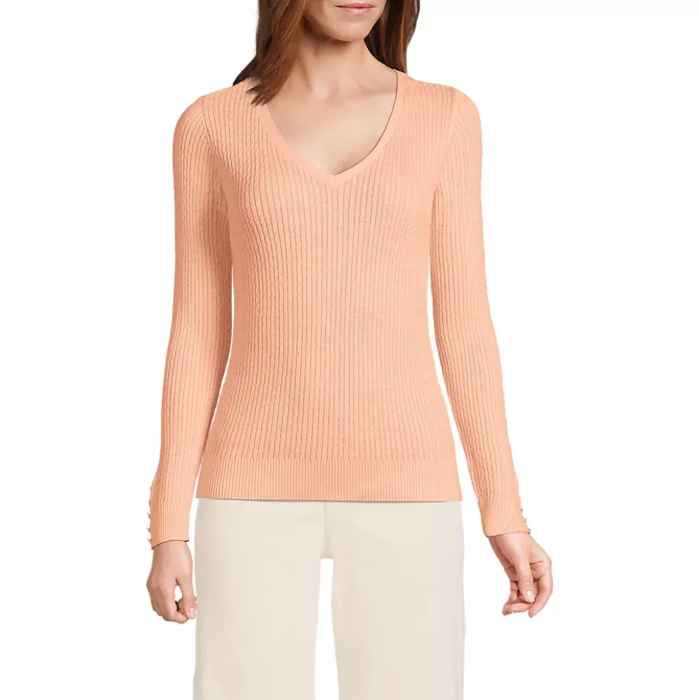 Women's Fine Gauge Cotton Baby Cable Vneck Sweater