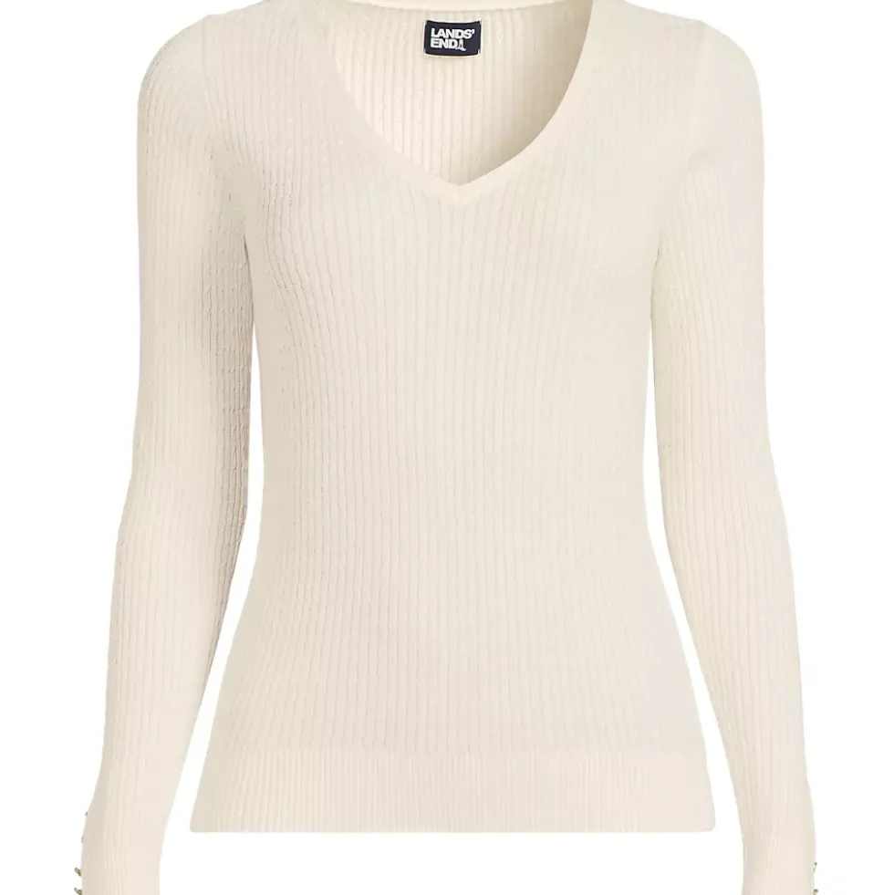 Women's Fine Gauge Cotton Baby Cable Vneck Sweater