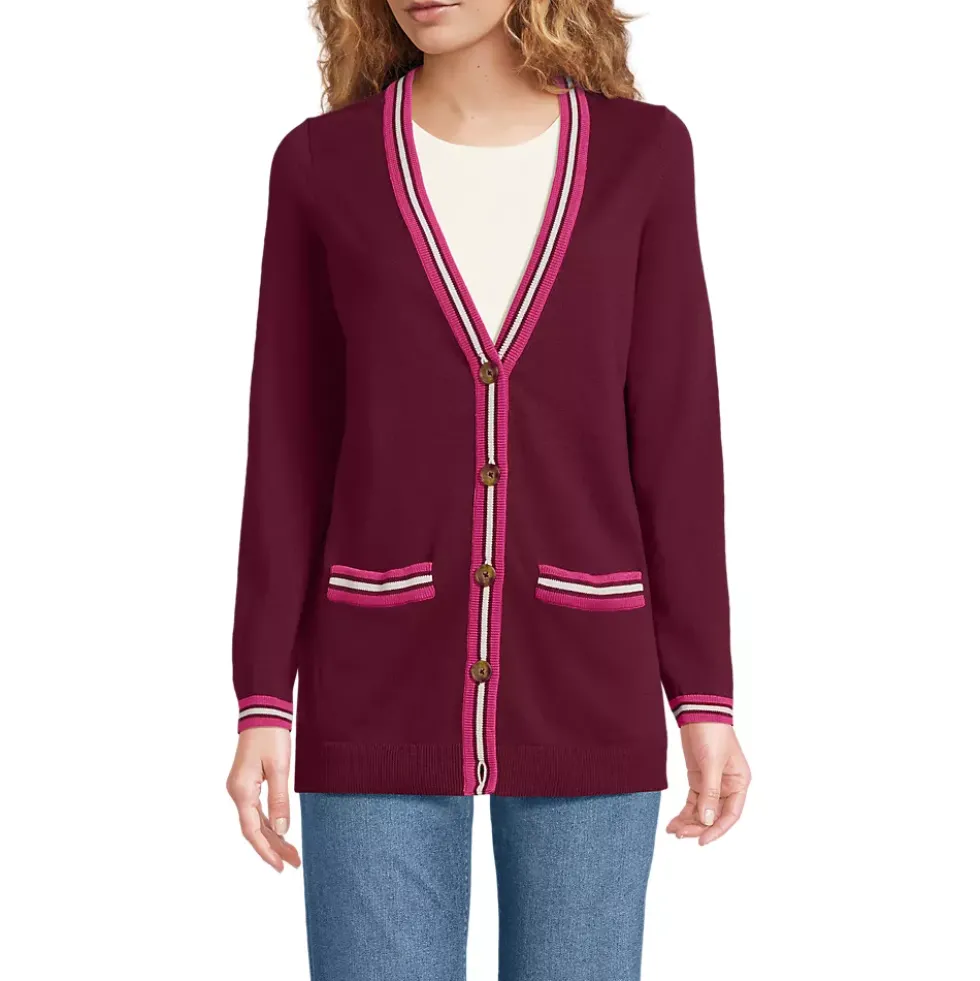 Women's Fine Gauge Cotton Cardigan with Tipping Sweater