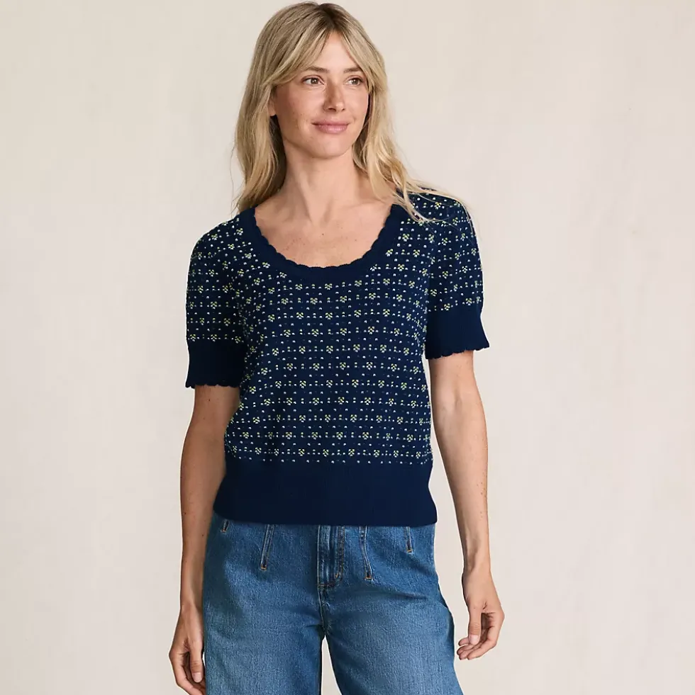 Women's Fine Gauge Cotton Jacquard Scoop Neck Sweater