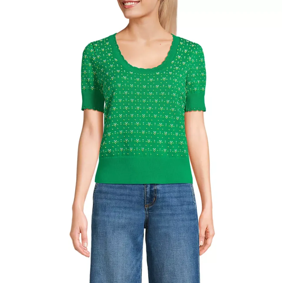 Women's Fine Gauge Cotton Jacquard Scoop Neck Sweater