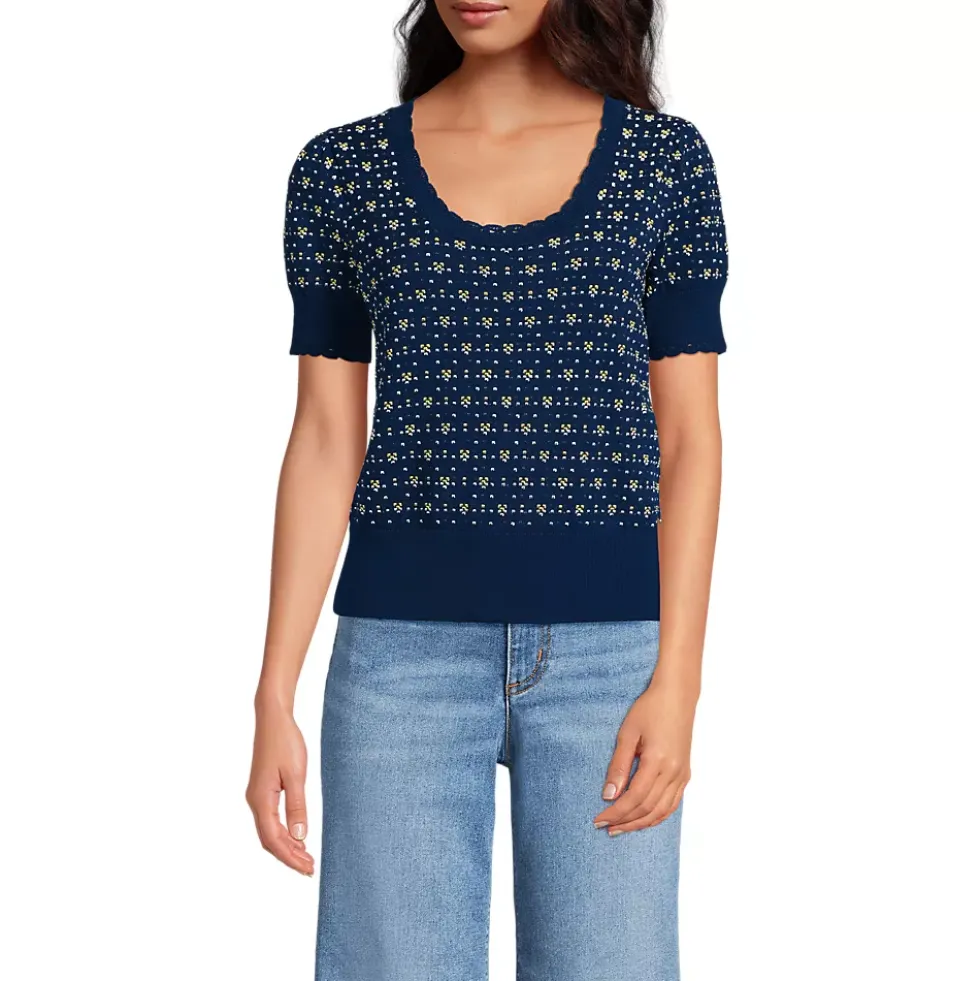 Women's Fine Gauge Cotton Jacquard Scoop Neck Sweater