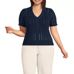Women's Fine Gauge Cotton Pointelle Polo Sweater