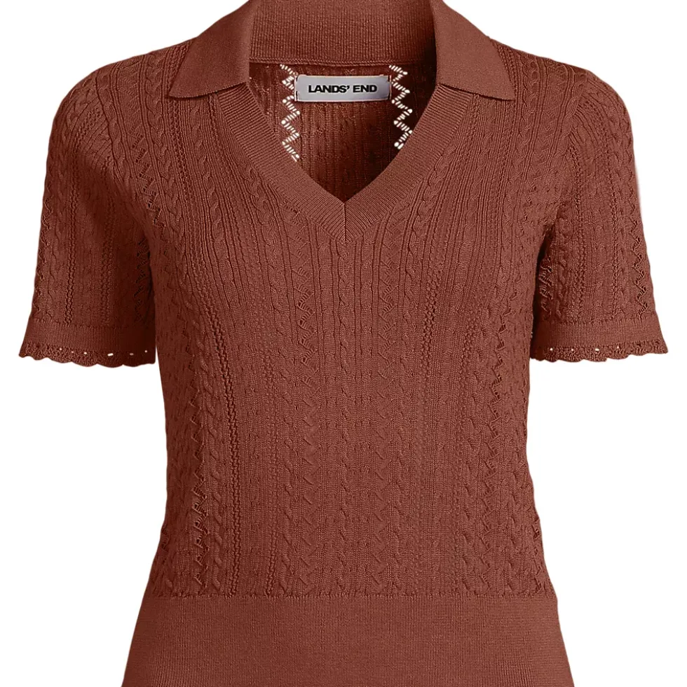 Women's Fine Gauge Cotton Pointelle Polo Sweater