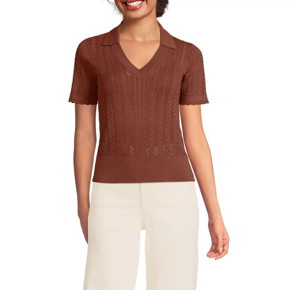 Women's Fine Gauge Cotton Pointelle Polo Sweater